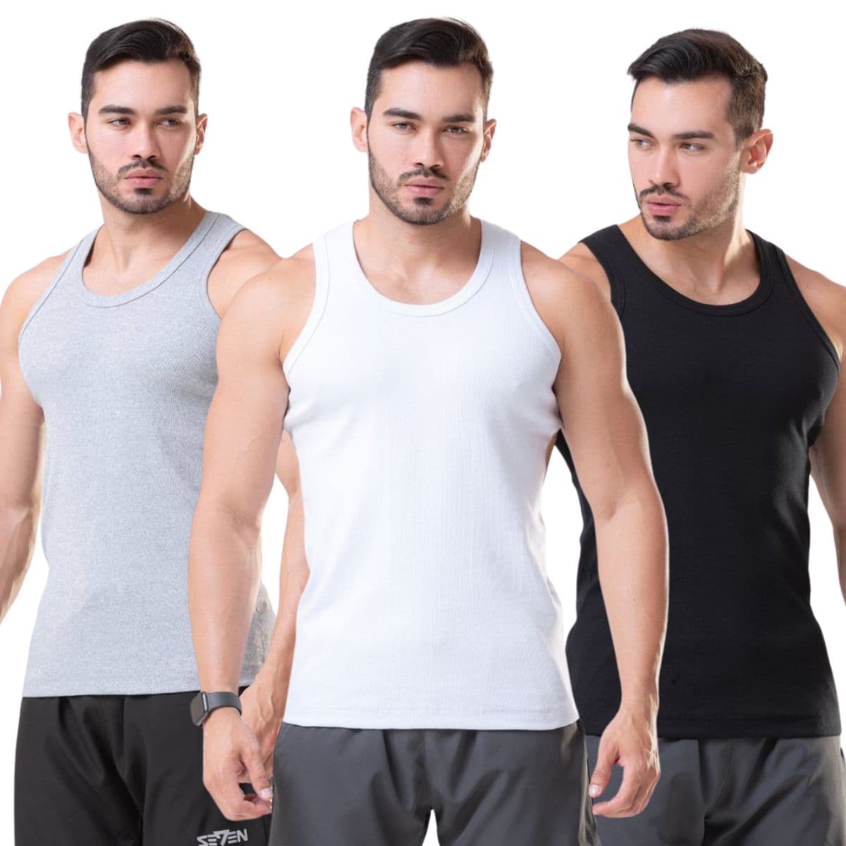 3 Camisetas Regata Canelada Preto, Cinza e Branco
